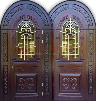 Индивидуальная арочная дверь со стеклом и ковкой ДА-19 в Ростове-На-Дону