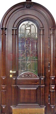Арочная металлическая дверь массив со стеклом и ковкой ДА-50 в Великом Новгороде