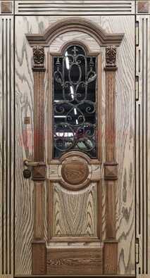 Железная дверь с массивом дуба со стеклом и ковкой ДМД-47 в Великом Новгороде