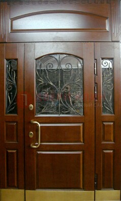 Стальная парадная дверь со вставками из стекла и ковки ДПР-30 в коттедж в Великом Новгороде