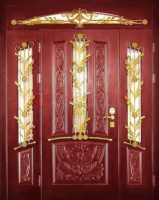 Бордовая железная парадная дверь со стеклом и ковкой ДПР-75 в Великом Новгороде