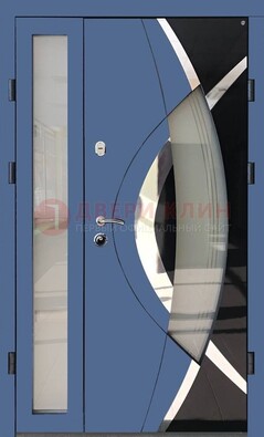 Синяя металлическая дверь со стеклом и узором ДС-13 в Великом Новгороде