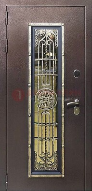 Железная дверь цвета медный антик со стеклом и ковкой ДСК-105 в Великом Новгороде