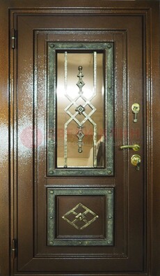 Теплая входная дверь со стеклом и ковкой разноцветной ДСК-13 в Великом Новгороде