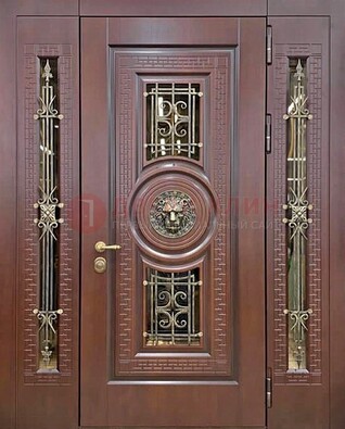 Коричневая стальная дверь со стеклом и ковкой ДСК-147 с фрамугами в Великом Новгороде