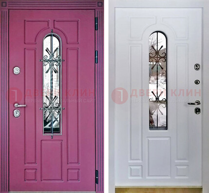 Розовая металлическая дверь со стеклом и ковкой ДСК-151 в Великом Новгороде