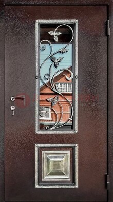 Коричневая стальная дверь порошок со стеклом и ковкой ДСК-163 в Великом Новгороде