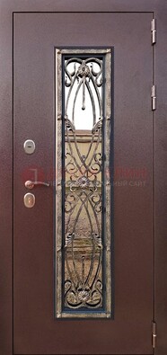 Коричневая стальная дверь порошок со стеклом и ковкой для дома ДСК-169 в Великом Новгороде