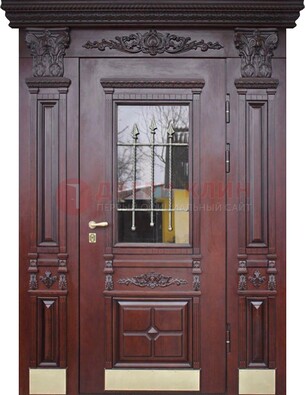Железная парадная дверь массив дуба со стеклом и ковкой ДСК-175 в Великом Новгороде