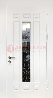 Белая стальная дверь винорит со стеклом и ковкой ДСК-191 в Великом Новгороде