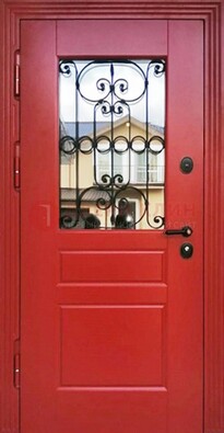 Красная железная дверь Винорит со стеклом и ковкой ДСК-205 в Великом Новгороде