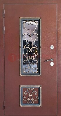 Уличная дверь Порошок со стеклом и ковкой для дома ДСК-218 в Великом Новгороде