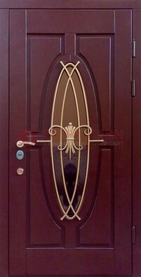 Бордовая стальная дверь Винорит со стеклом и ковкой ДСК-263 в Великом Новгороде