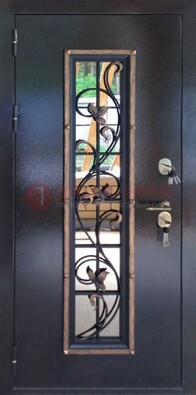 Железная дверь с порошковым напылением стеклом и ковкой ДСК-279 в Великом Новгороде