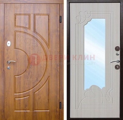 Коричневая металлическая дверь c МДФ с узором и зеркалом ДЗ-105 в Черноголовке