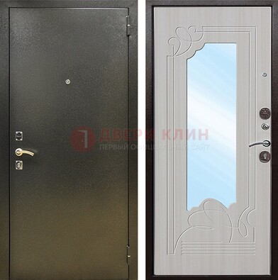 Входная темно-серая дверь c порошковым покрытием и МДФ с резьбой и зеркалом ДЗ-113 в Великом Новгороде