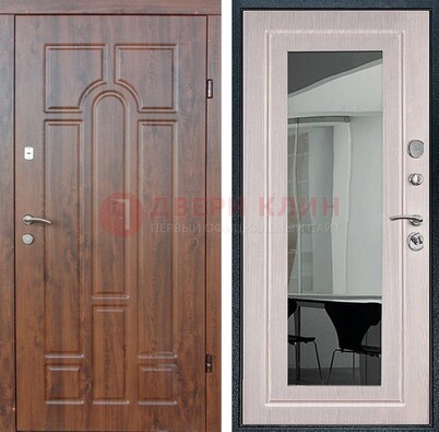 Входная коричневая дверь с МДФ Белый дуб и зеркалом ДЗ-126 в Великом Новгороде