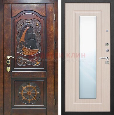 Темная уличная дверь с резьбой и зеркалом внутри ДЗ-49 в Великом Новгороде