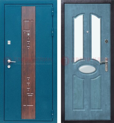 Голубая металлическая дверь МДФ с тремя зеркальными вставками ДЗ-78 в Великом Новгороде