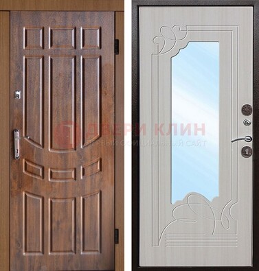Коричневая уличная дверь c виноритом и терморазрывом МДФ Беленый дуб  с зеркалом ДЗ-97 в Великом Новгороде