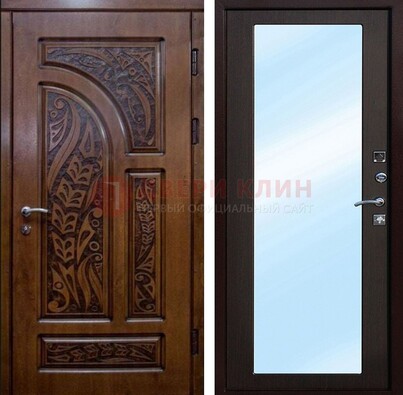 Коричневая входная дверь c узором и виноритом МДФ с зеркалом ДЗ-98 в Великом Новгороде