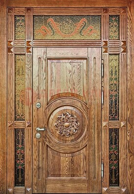Дизайнерская стальная дверь с массивом дуба и витражом ВЖ-13 в Великом Новгороде