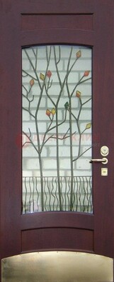 Бордовая стальная дверь с витражом и декоративным элементом ВЖ-3 в Великом Новгороде